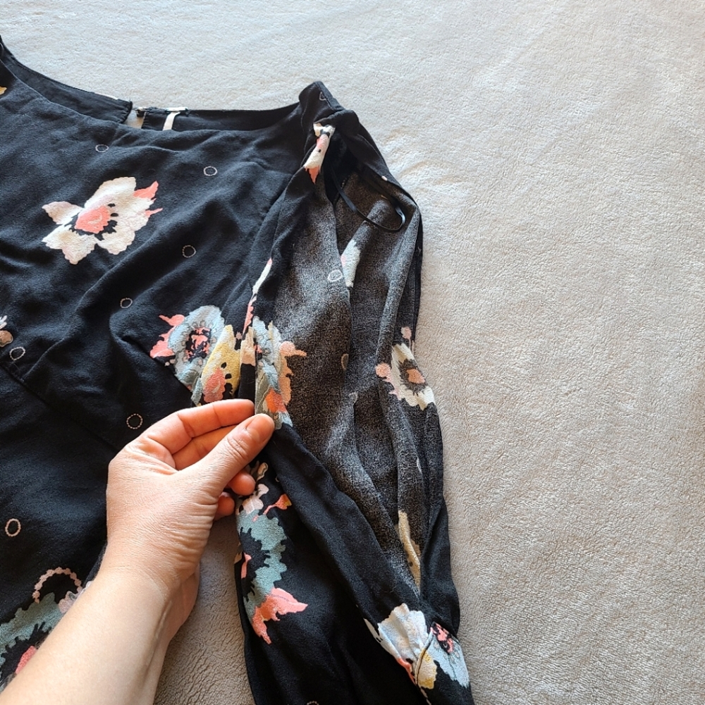 Free People Black Floral Long Sleeve Dress Size 10 - Picture 5 of 10